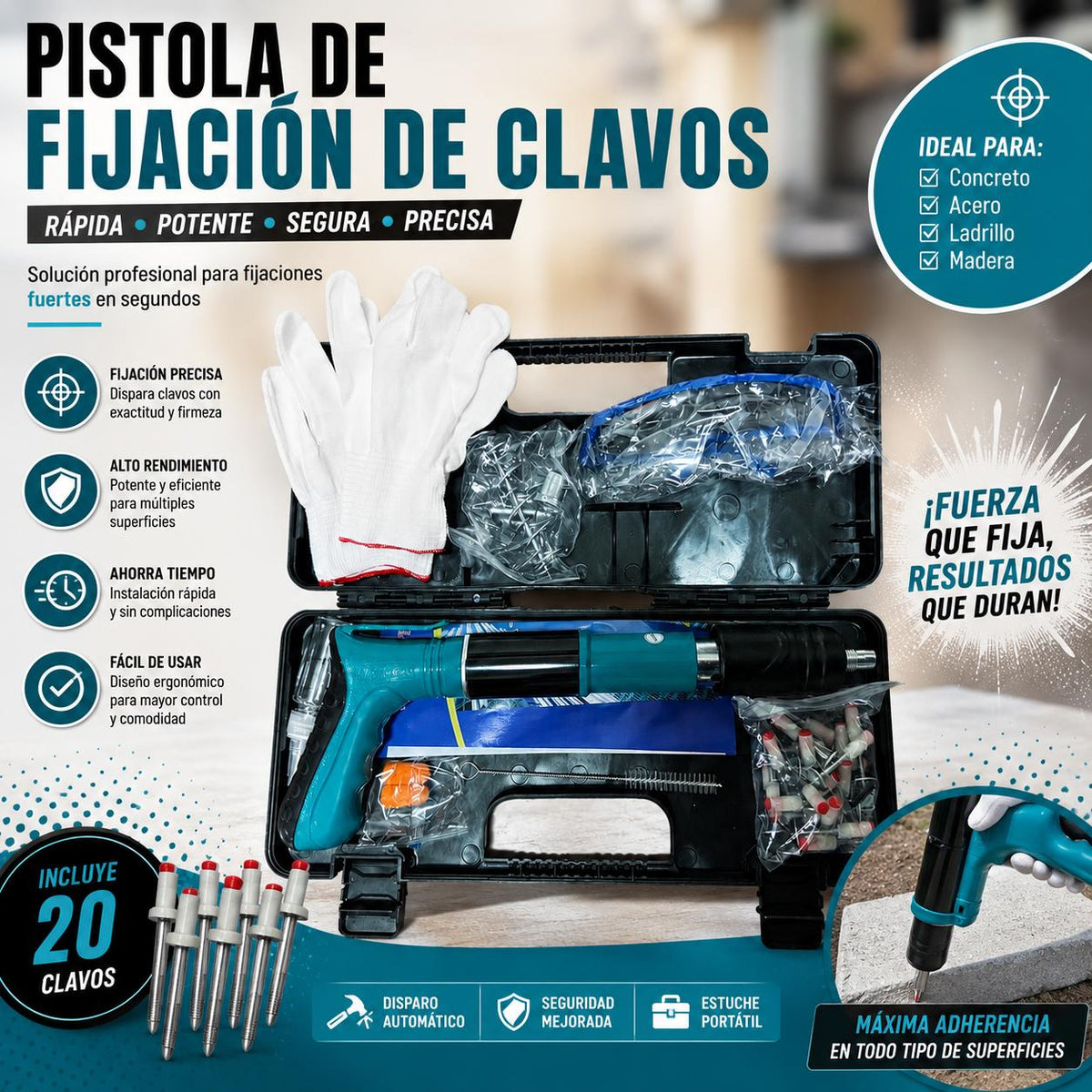 Pistola Remachadora de Clavos + Estuche con Guantes+Gafas Protectoras+Clavos Regalo 🎁