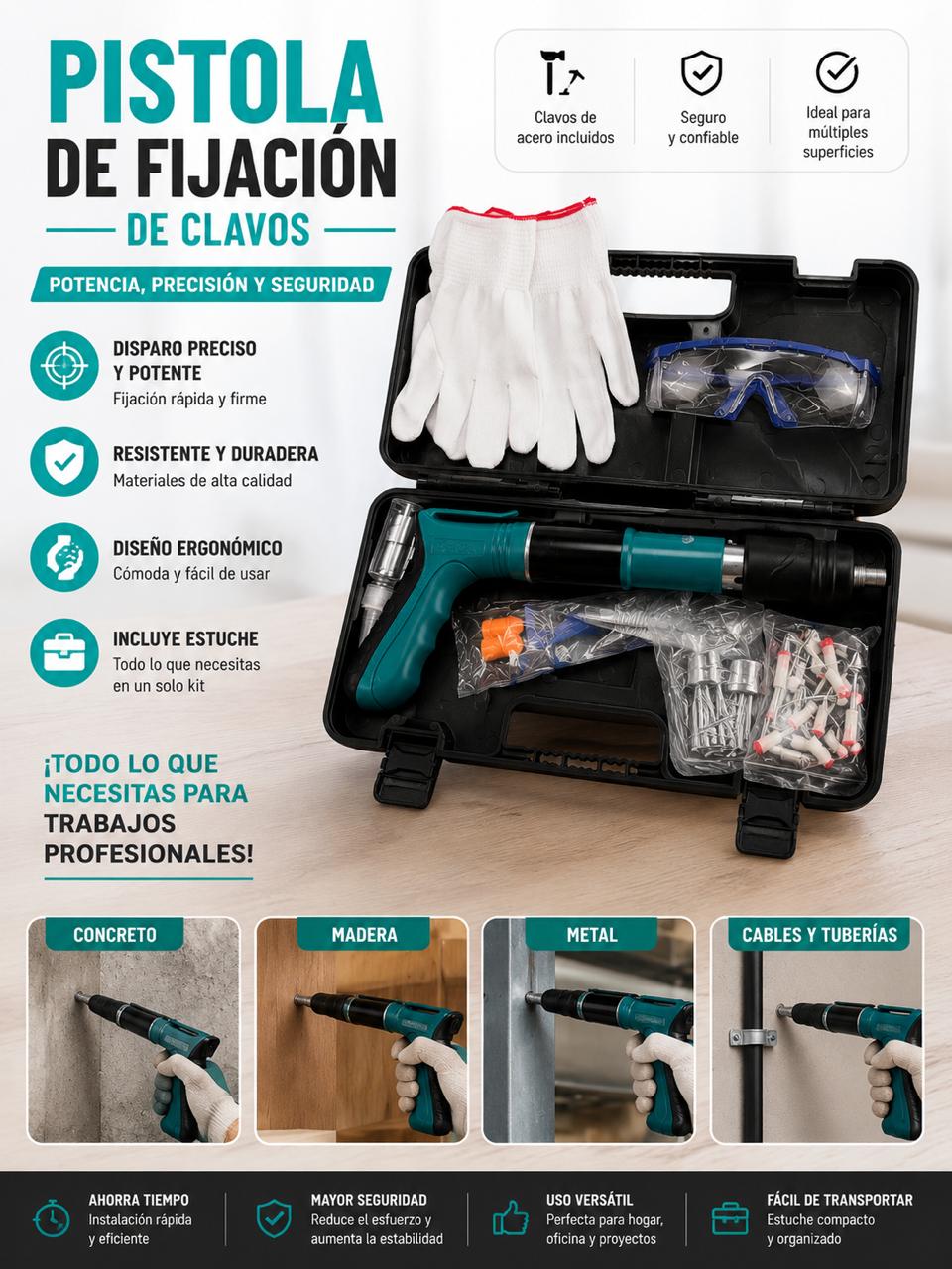 Pistola Remachadora de Clavos + Estuche con Guantes+Gafas Protectoras+Clavos Regalo 🎁